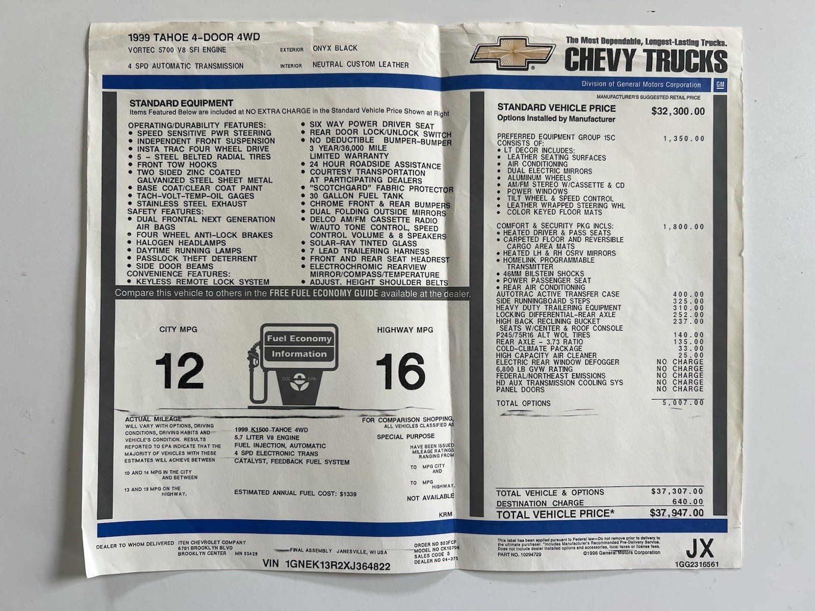 1999 CHEVROLET TAHOE 4X4 5.7 BLACK, TAN LEATHER INTERIOR, DEALER WINDOW STICKER