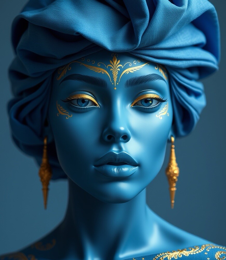 Artistic Sticker Blue Woman with Gold Accents Abstract Portrait Decal Design