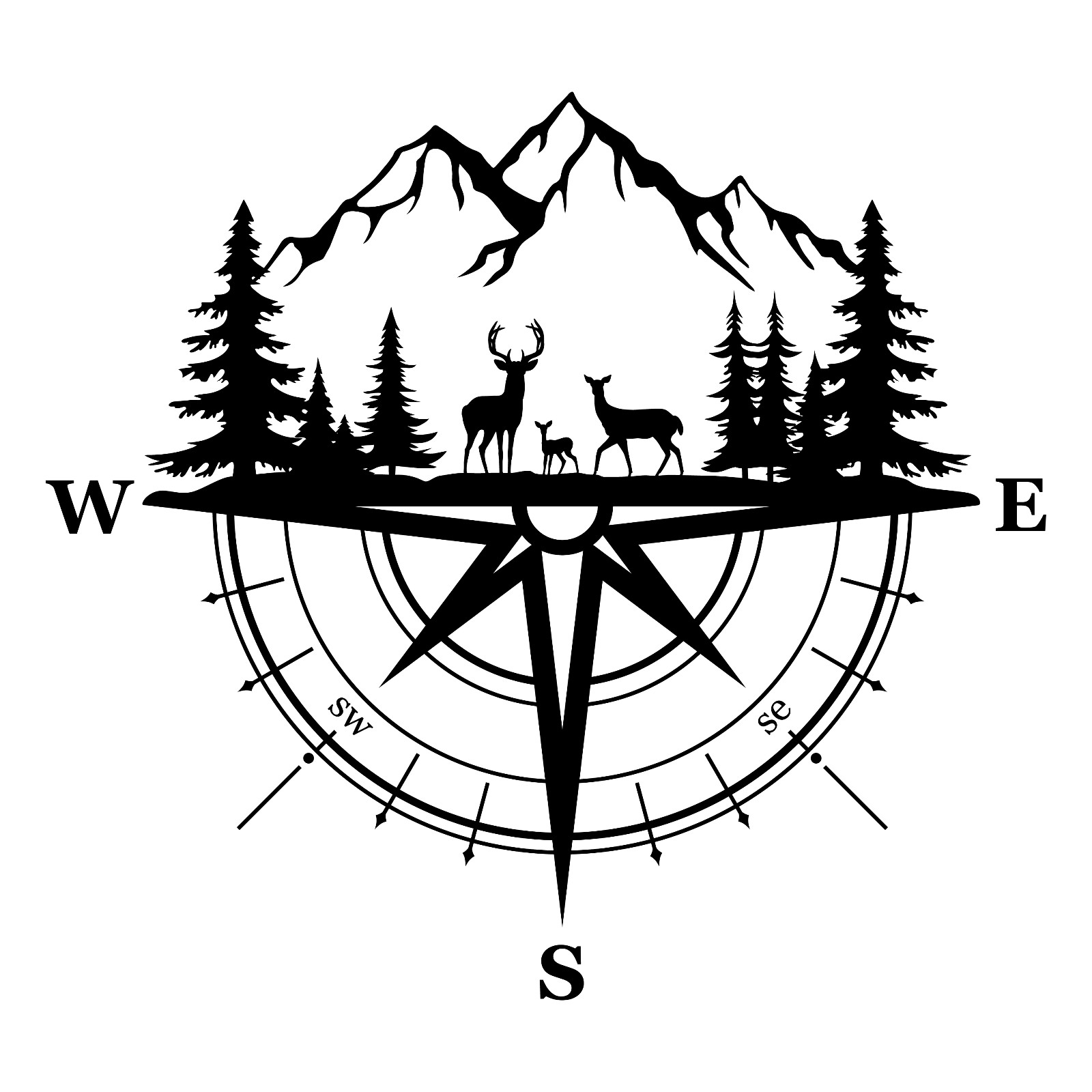 Deer Mountain Range Compass Wildlife Premium Customizable Vinyl Decal Waterproof
