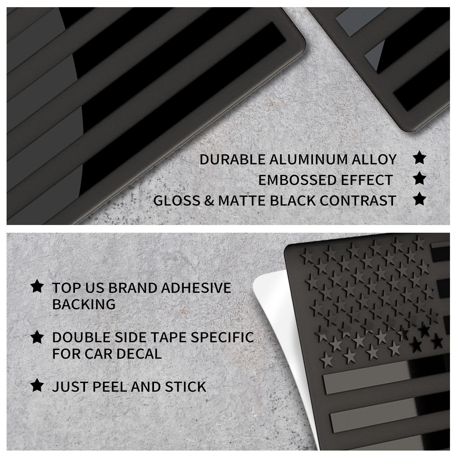 Embossed 3D Metal All Black American Flag Emblem Decal 5″ x 3″, 1 Pair