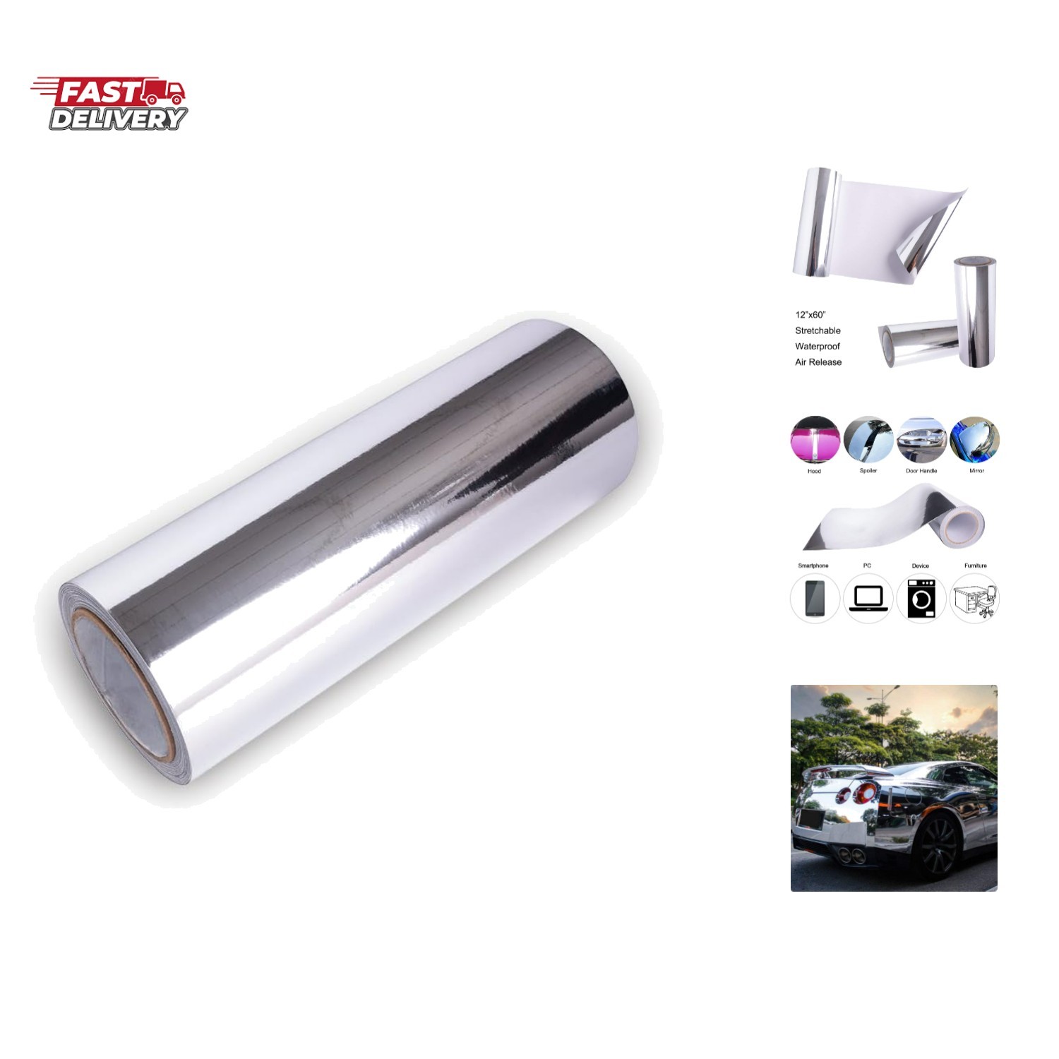 Car Wrap Vinyl 12 Inches x 60 Inches Chrome Mirror Silver Self Adhesive Film …