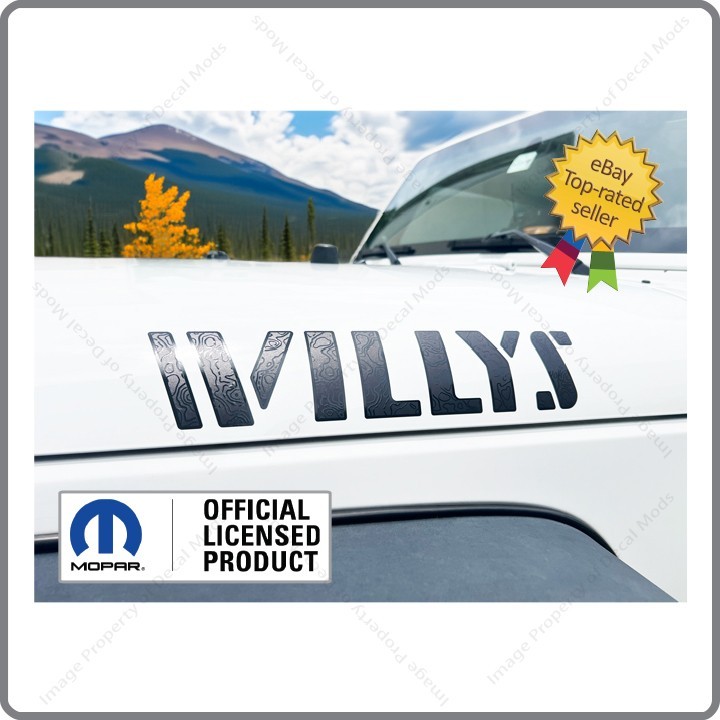 SET 2 – Jeep Wrangler JK WILLYS Hood Decals Stickers 3D Topo Map BLACK UV1A4