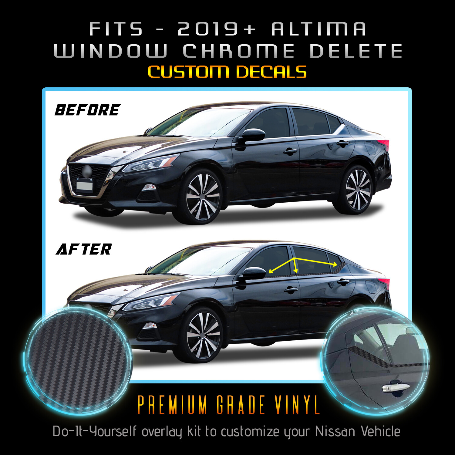 For 2019-2020 Nissan Altima Window Precut Chrome Delete Kit – Matte Carbon Fiber