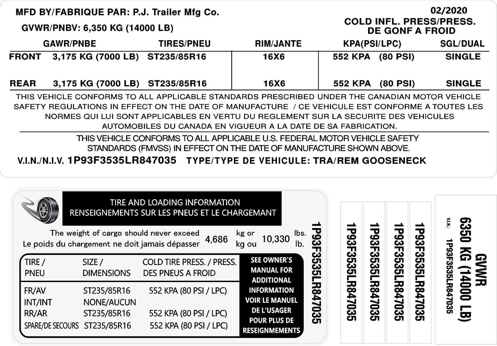 Trailer ID Vin Label P.J. Trailer Mfg. Co. Tire and Main 3M High Tack Vinyl PJ