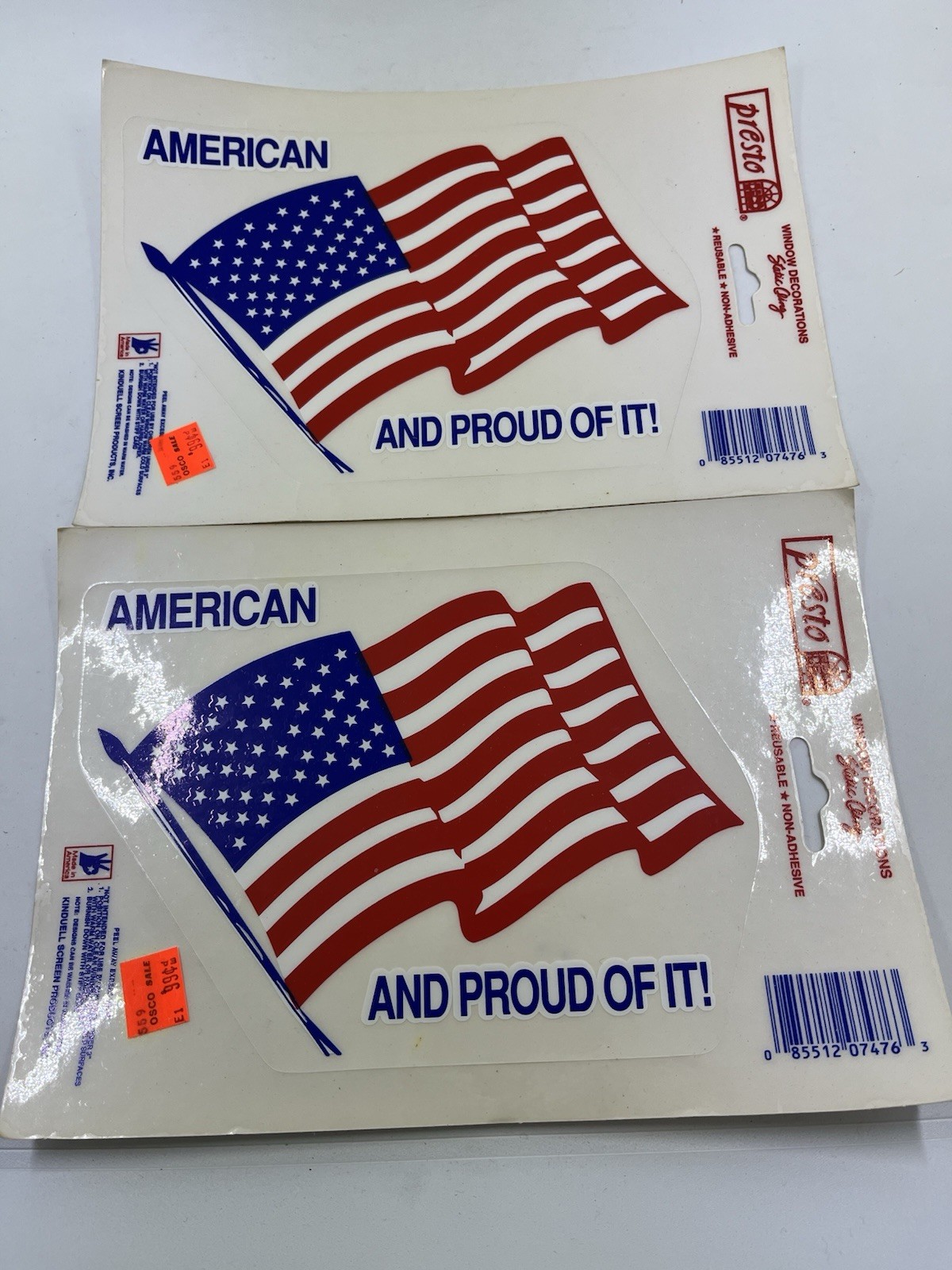 Presto Flag Car Decal Static Cling Window American Proud Of It NOS Vintage 2 PK