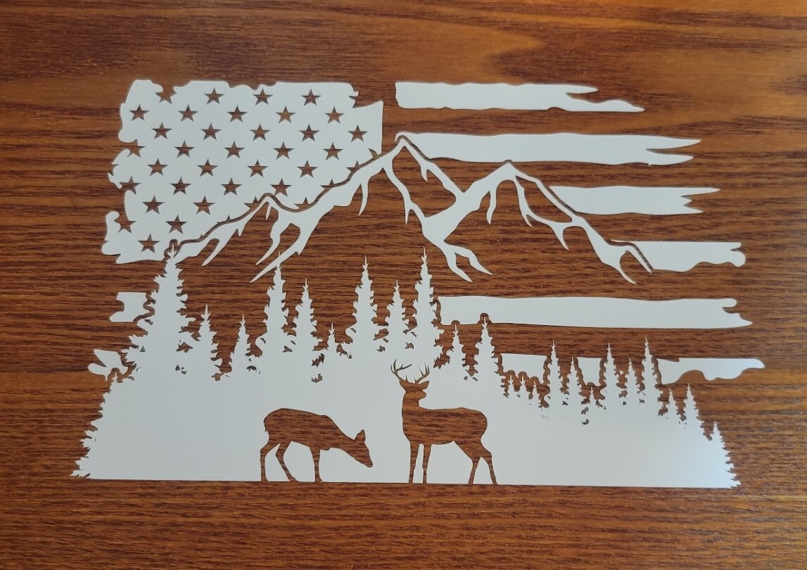 MOUNTAIN RANGE FLAG LANDSCAPE SCENE DEER Vinyl Decal -Sticker for Car Truck 1.0