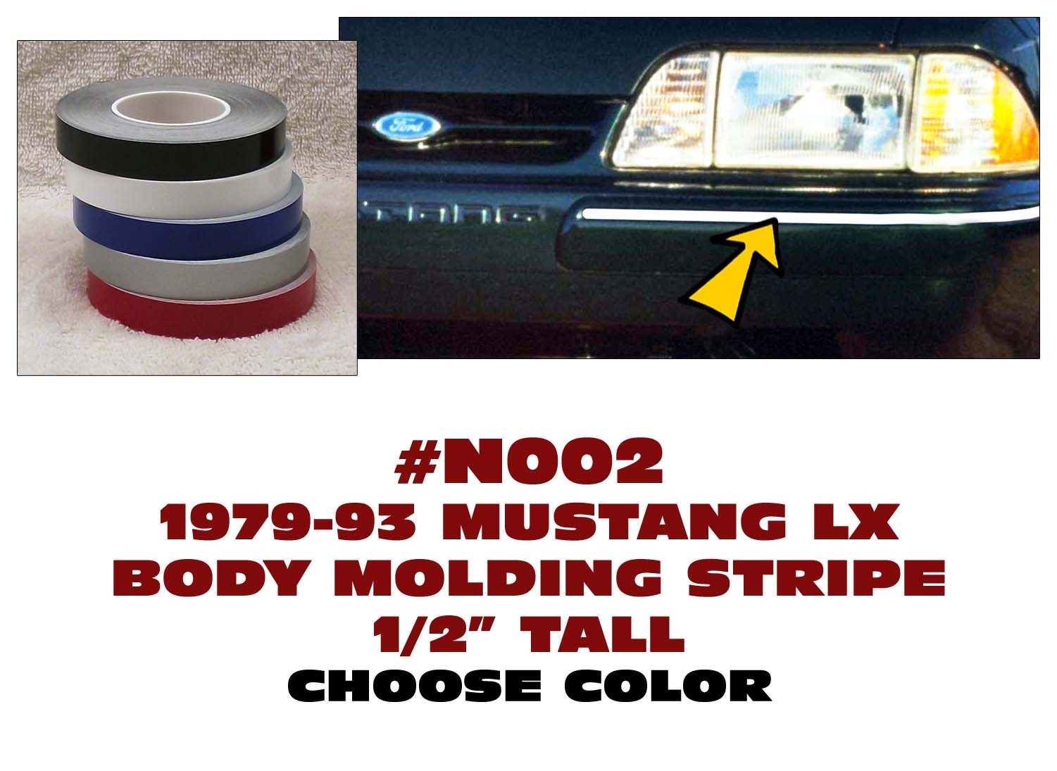 SP – N002 1987-93 MUSTANG – LX BODY MOLDING STRIPE – 1/2″ TALL – STRIPING TAPE