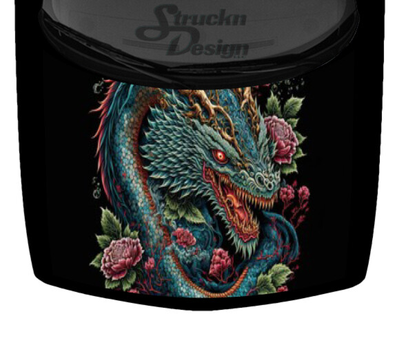 Intricate Cyan Scary Floral Dragon Scaly Hood Wrap Vinyl Graphic Decal 58″ x 65″