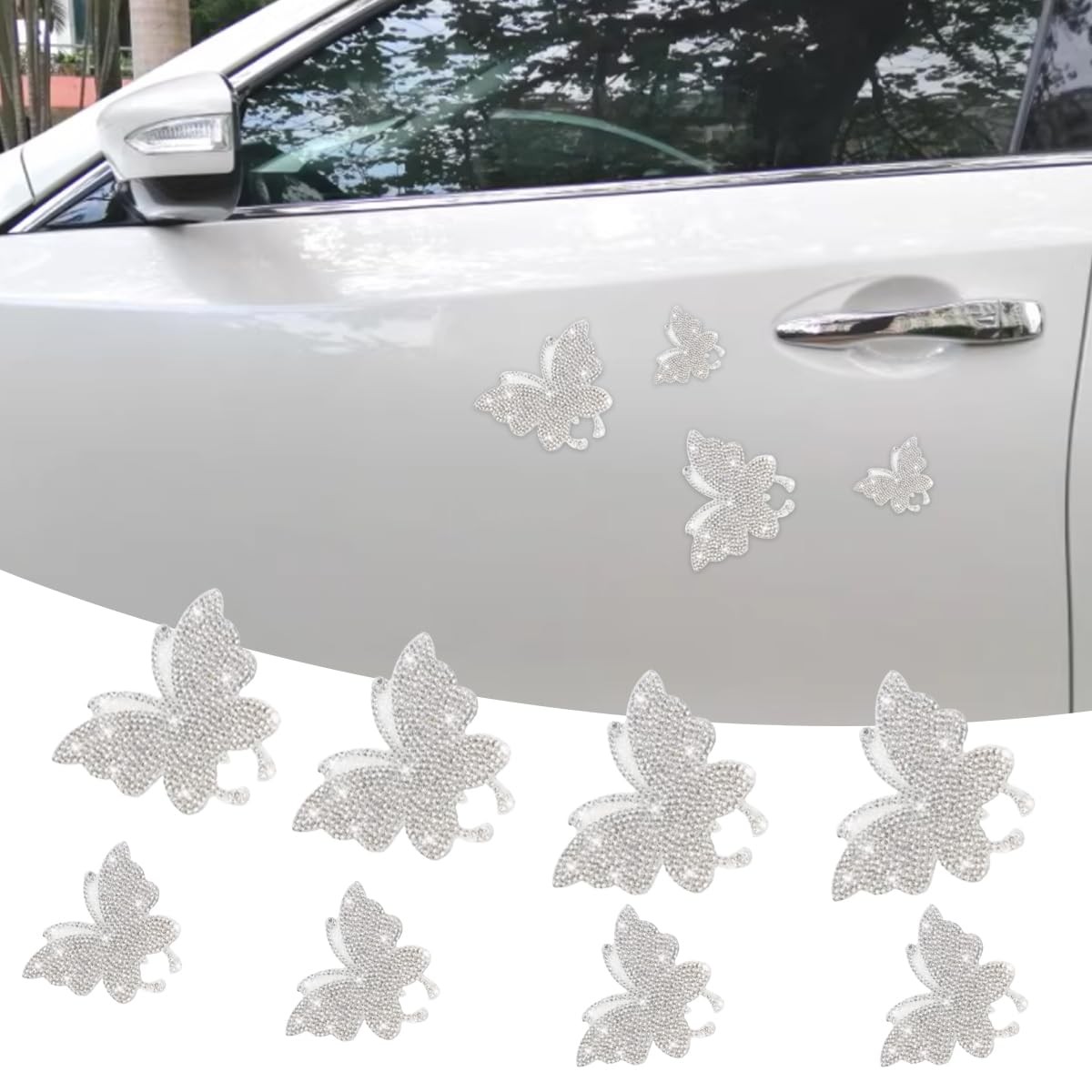 8PCS Bling Crystal Butterfly Car Decals, Auto Decoration Rhinestone White