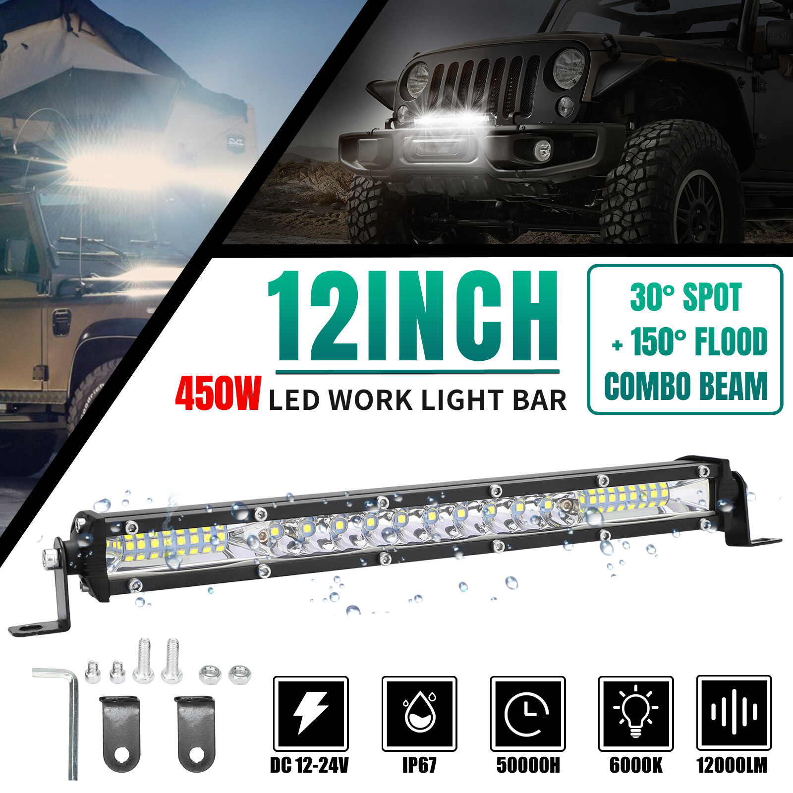 12″ inch 450W LED Work Light Bar Combo Spot Flood Driving Off Road SUV Boat ATV