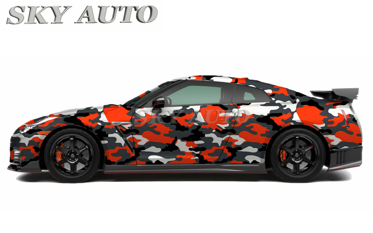 Red-Orange Black White Gray Camo Vinyl Car Wrap Sheet +Free Tools( 2 feet & up )
