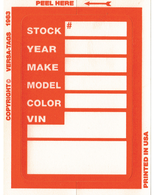Car Dealer Inventory Stock Sticker Kleer Bak Versa Tag 100 pk 3″ X 4″
