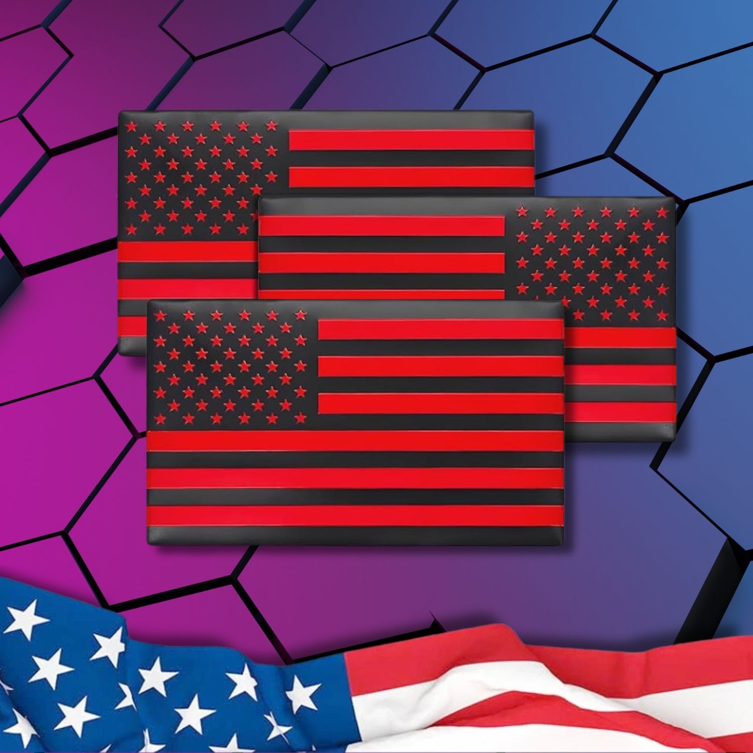 Embossed 3D Metal All Black and Red American Flag Emblem Decal Stickers Set of 3