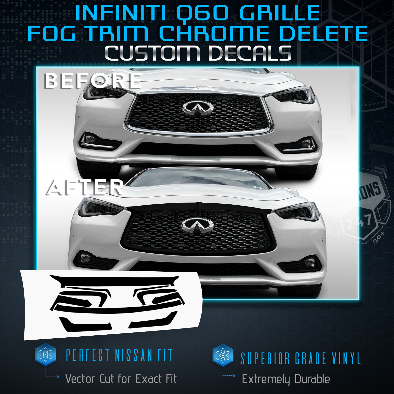 For 2017-2020 Infiniti Q60 Grille Fog Vent Trim Chrome Delete Kit – Glossy Matte