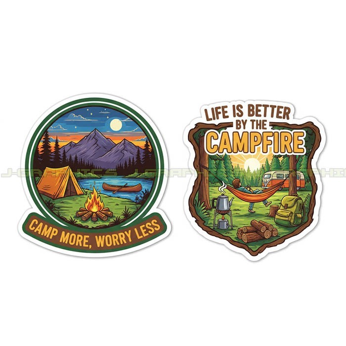Camp Camping sticker vinyl decal campfire nature mountains 2 pack P