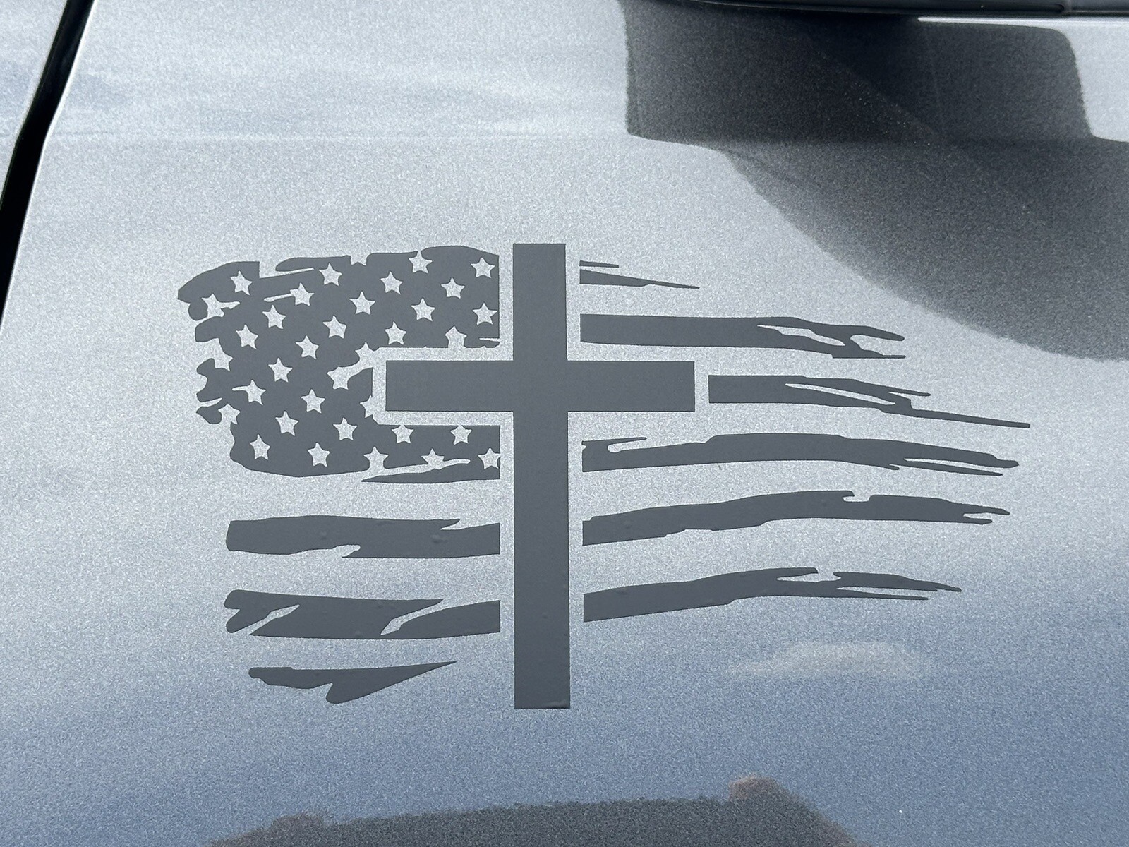 Pair (2) 4×7 Matte Black American Flag Vinyl Decal Sticker with Cross, Christian