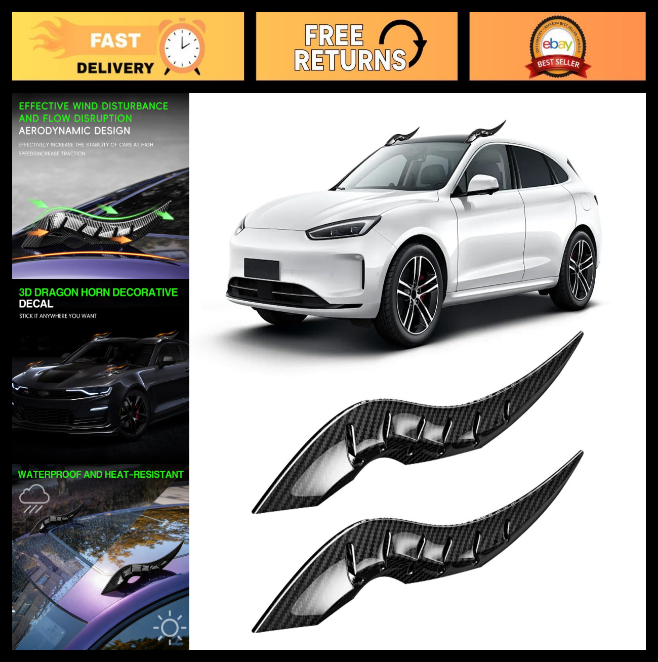 2PCS 3D Dragon Horn Car Roof Decal – Creative Devil Horns for SUV, Sedan, Truck