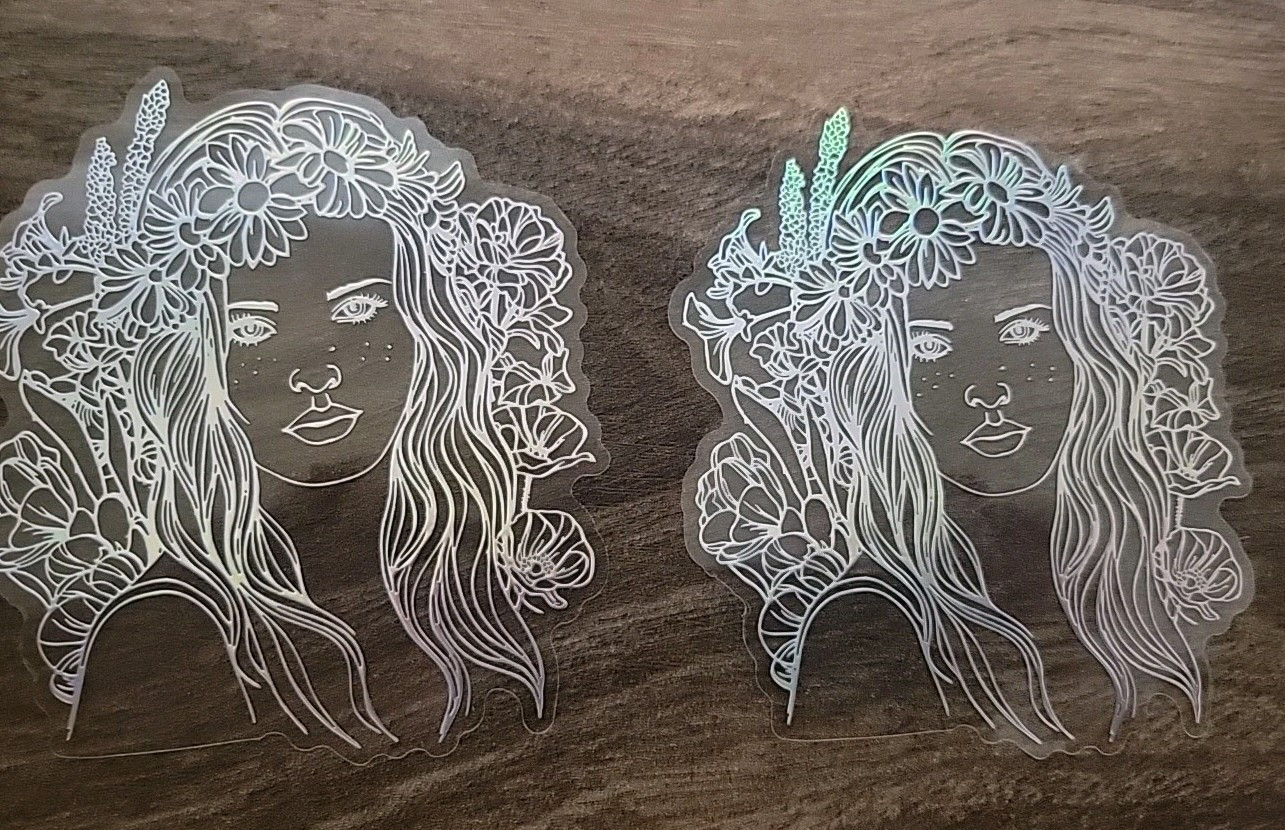 10 Decals Clear W/ Womans Face In Iridescent Silver, 5 Designs, 3.85″ Free Ship