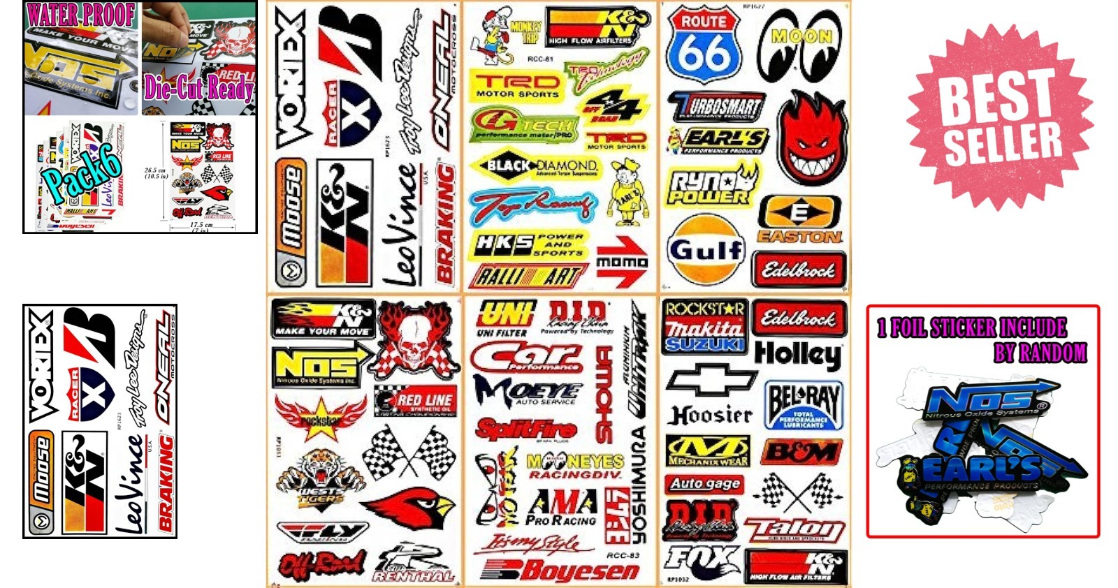 6 Multicolor Motorsport Vinyl Decals – Waterproof Car & Motorcycle Stickers