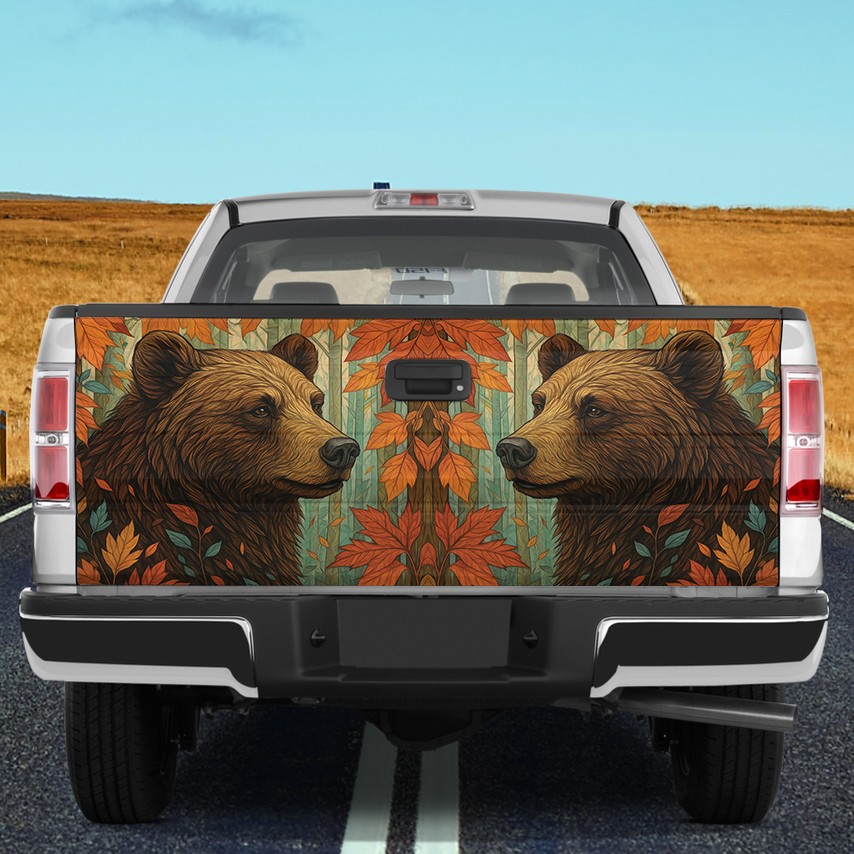 Brown Bear With Autumn Leaf Rustic Forest Wildlife Tailgate Wrap Decal