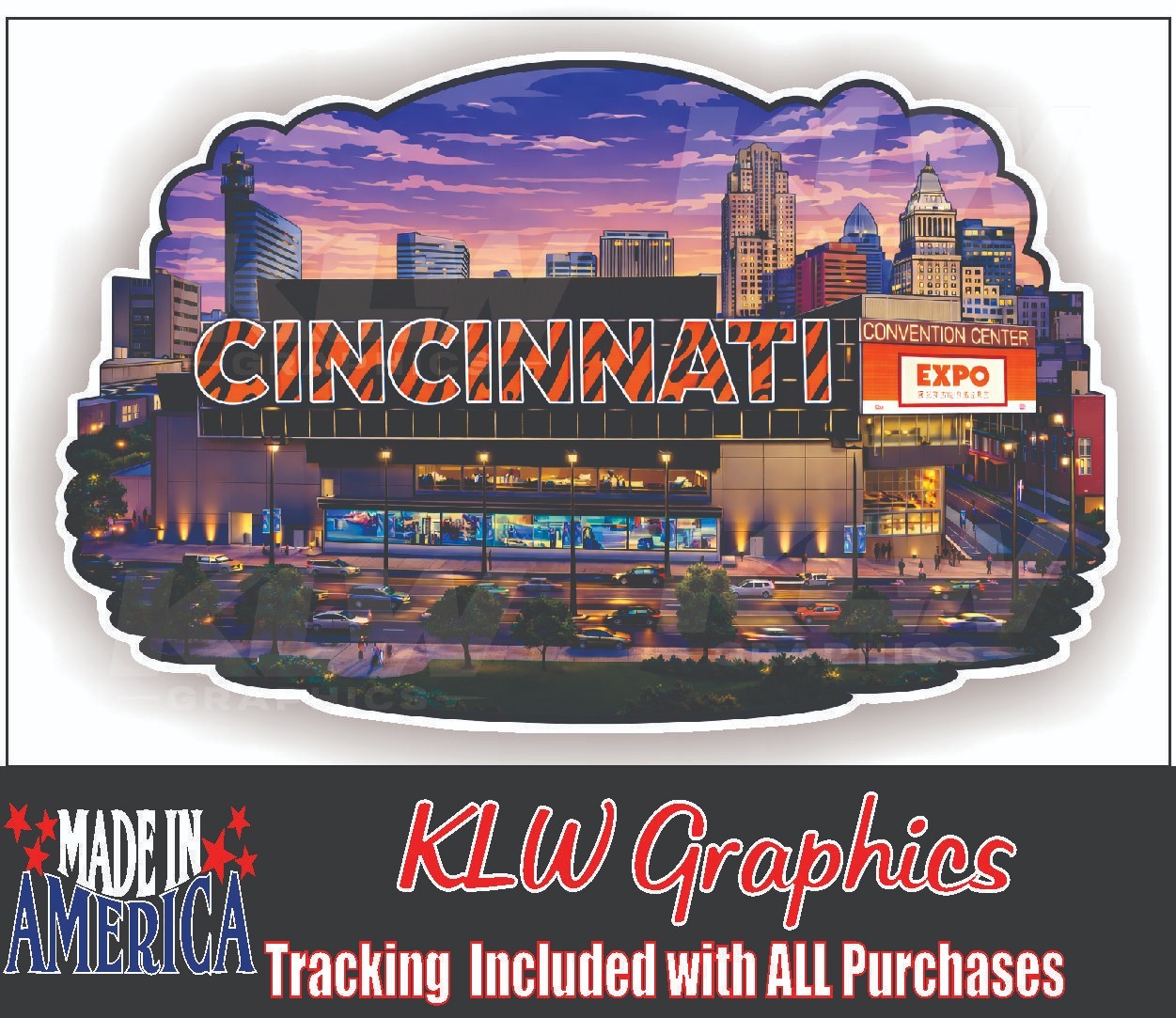 Cincinnati Ohio Decal Sticker | Lit Sign Stripes | Cityscape Viny City Skyline
