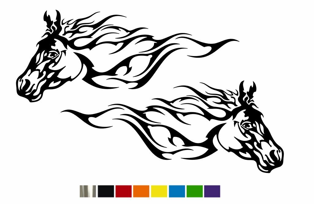 (2) Flaming Horse Head Vinyl Decals – CUSTOM SIZE & COLOR for CARS,TRUCKS