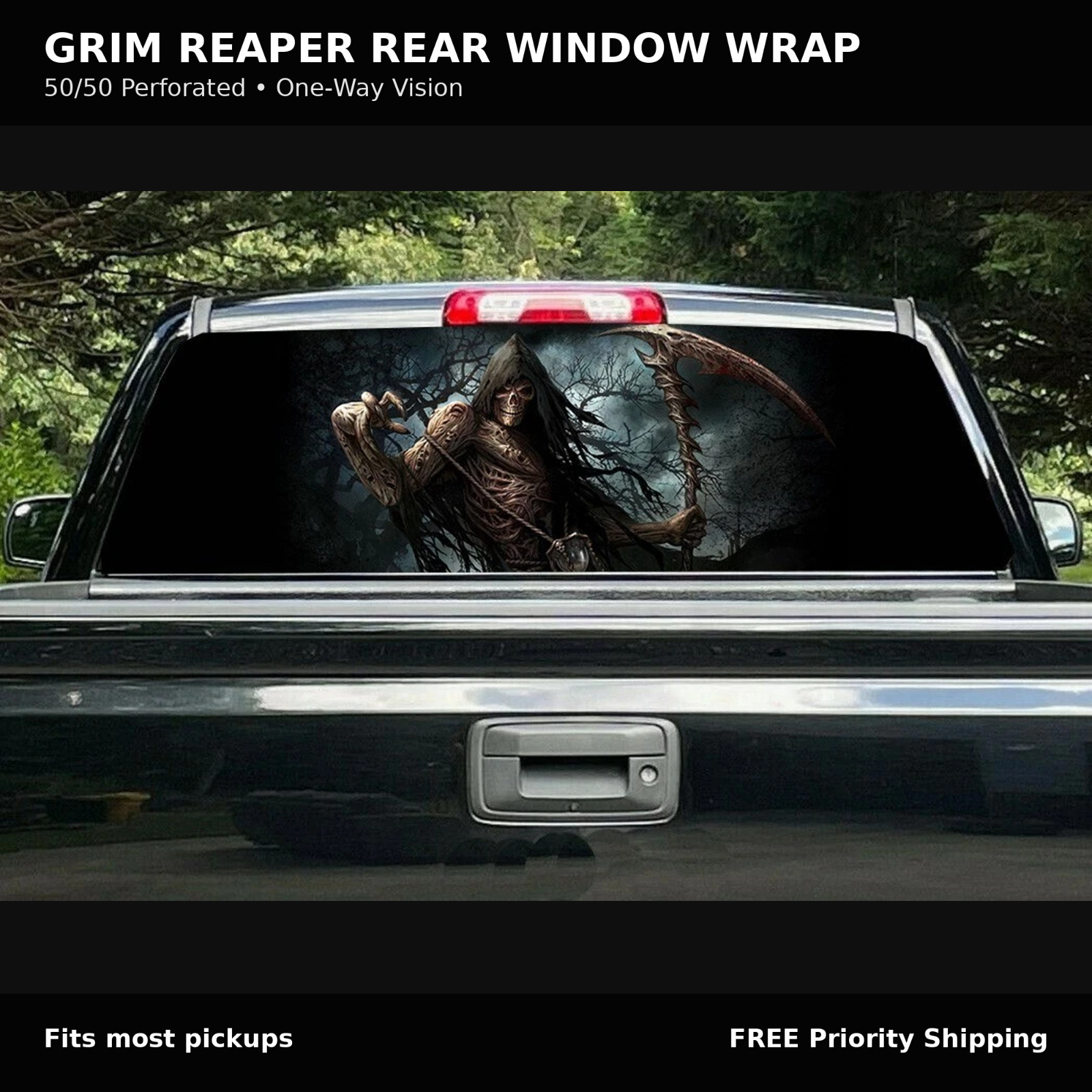 Grim Reaper Rear Truck Window Wrap 50/50 Perforated One Way Vision Decal