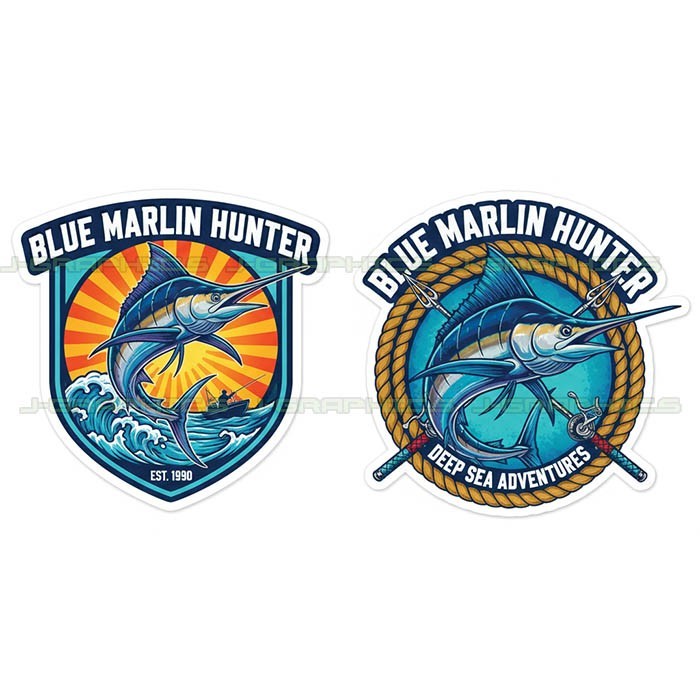 Blue Marlin Hunter Fish Vinyl Decal Sticker Fishing Fisherman 2 Pack D