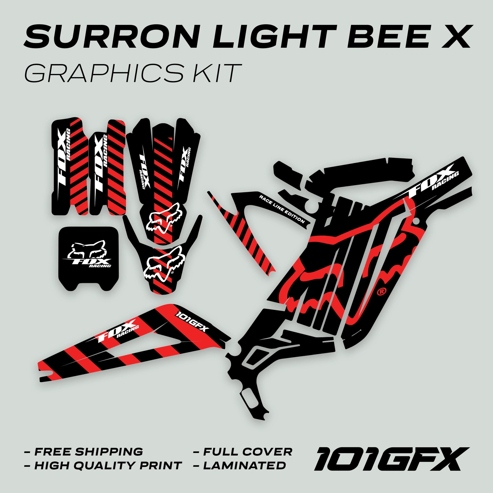 Surron Light Bee X Graphics Kit FOX RACE LINE Black Red Decals Stickers