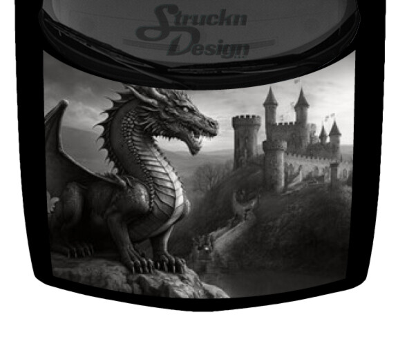 Gray Castle Intricate Dragon Landscape Hood Wrap Vinyl Graphic Decal 58″ x 65″