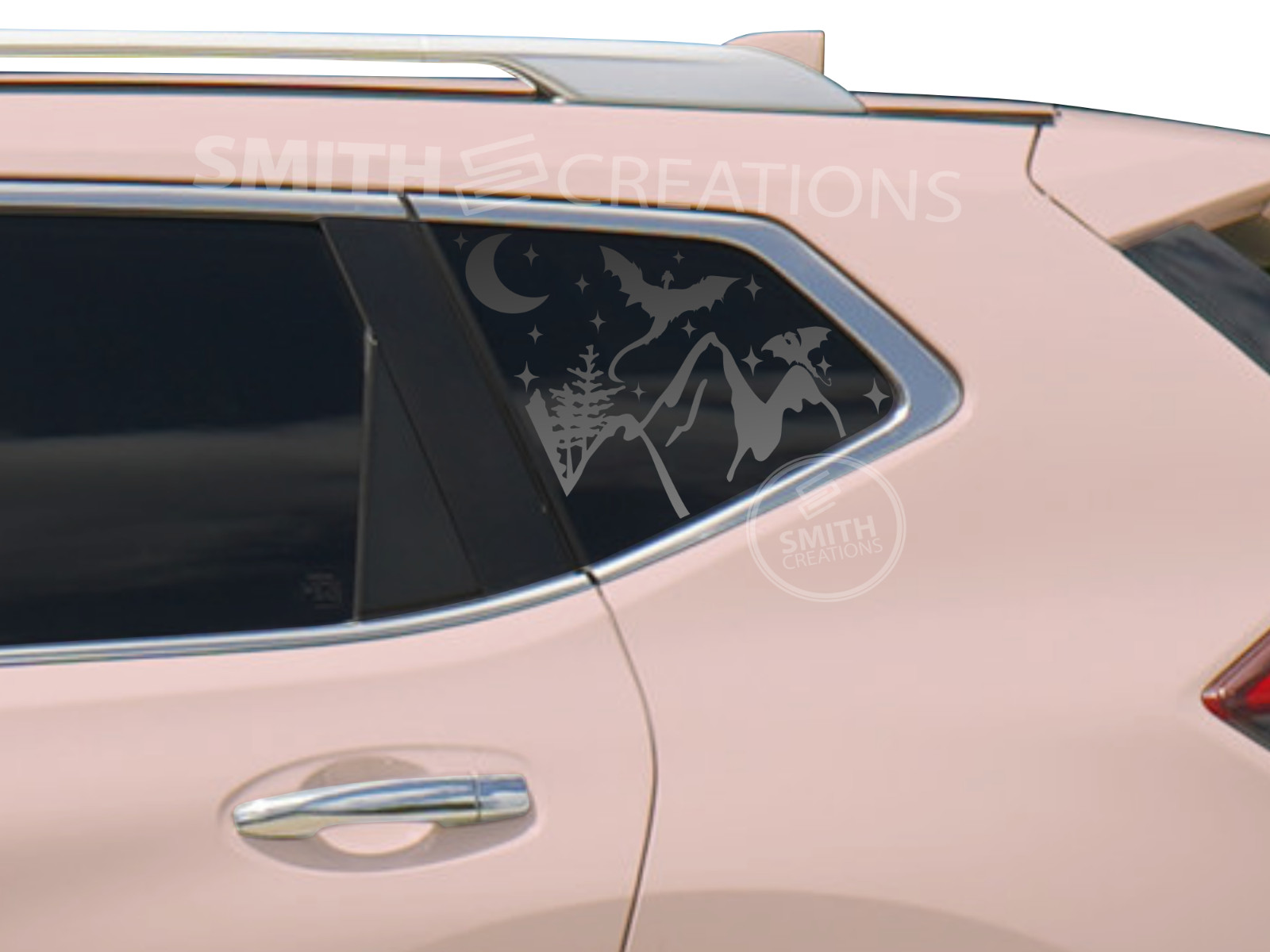 Fits 2014-2020 Nissan Rogue Quarter Window Dragons Flying Mountains Vinyl Decal