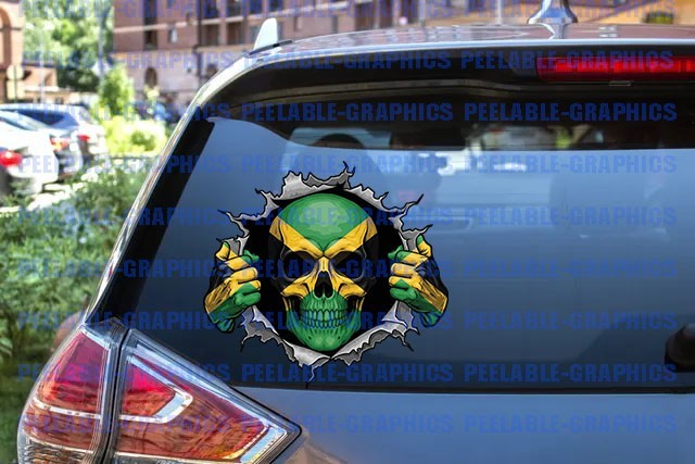 Jamaica Flag Skull Peeking Effect Vinyl Decal Sticker Jamaican