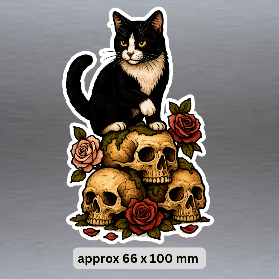 Tuxedo Black and white cat on skulls vinyl sticker decal, waterproof stickers