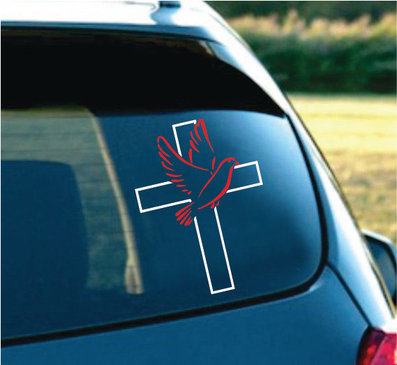 CROSS WITH DOVE for laptop, MAC car Truck 6″ White/RED