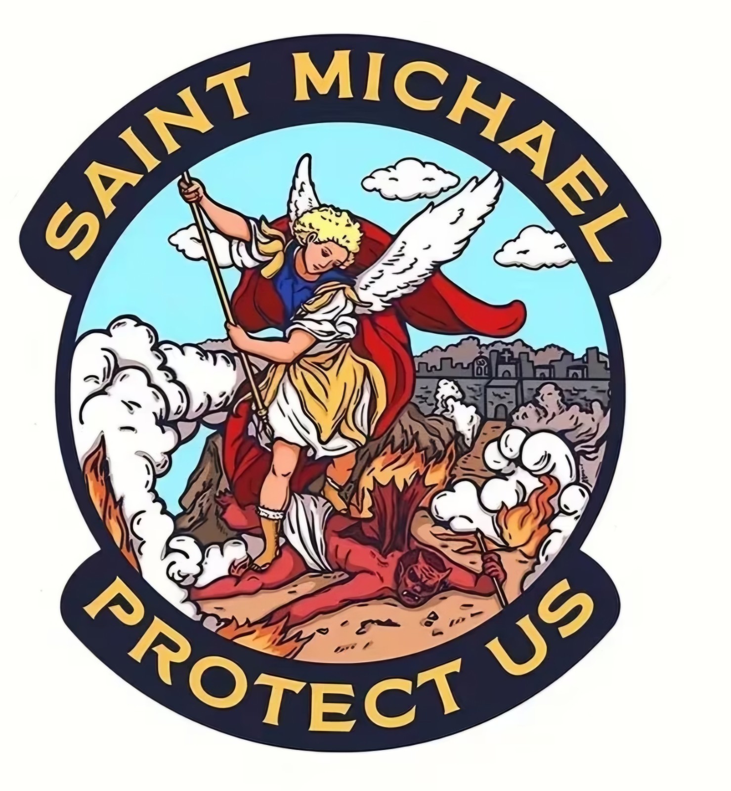 Saint Michael Protect Us Decal Sticker Car Truck Window Laptop 5″x 5 7/8″