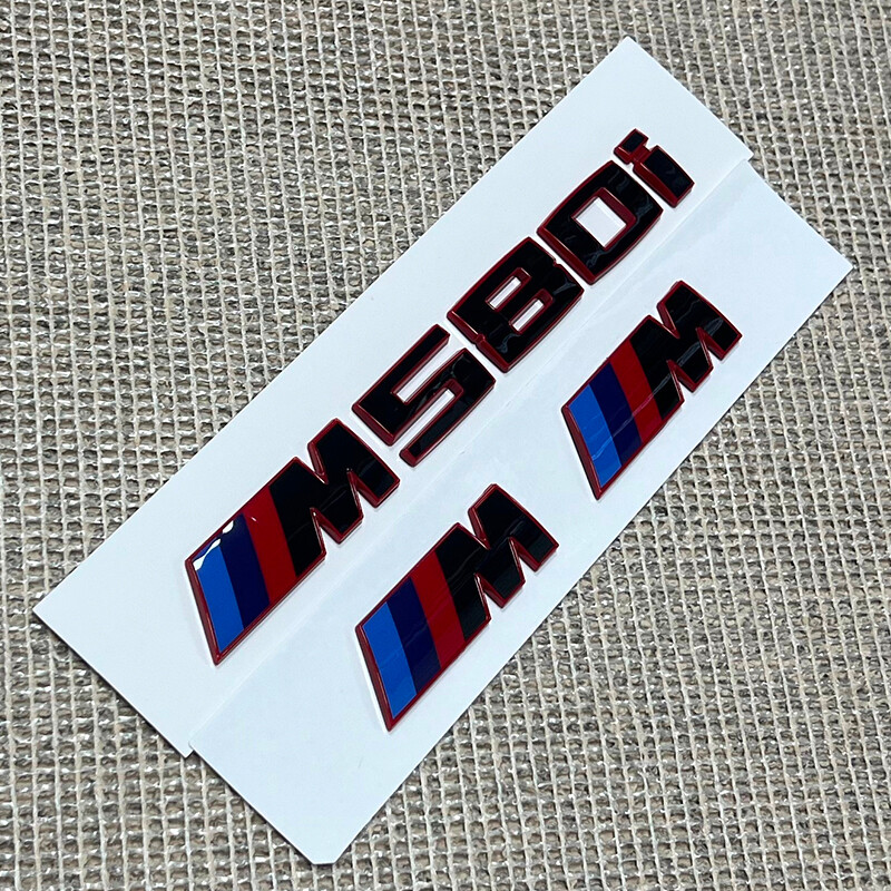 For 5 Series Gloss Black Red Emblem M580i+M x2 Rear Trunk and Fender Badge