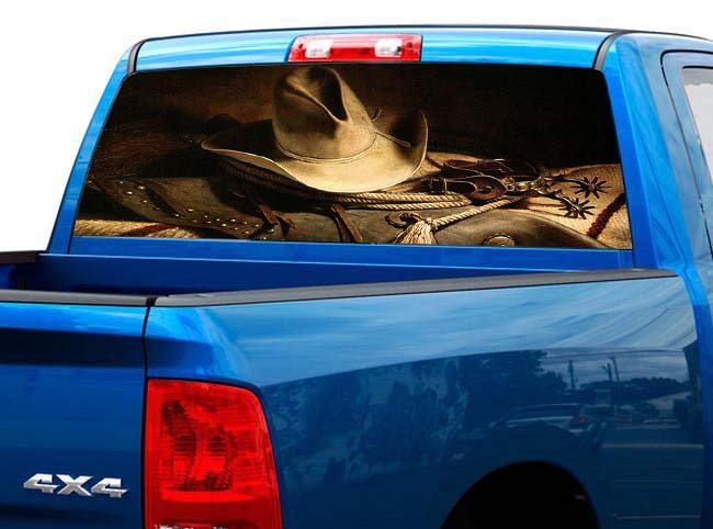 P528 Cowboy Hat Rear Window Tint Graphic Decal Wrap Back Pickup Graphics
