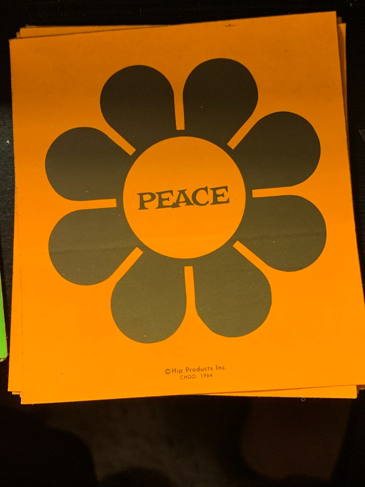 PEACE FLOWER VINTAGE 1964 HIP PRODUCTS PAPER DECAL BUMPER STICKER Orange 4×4″