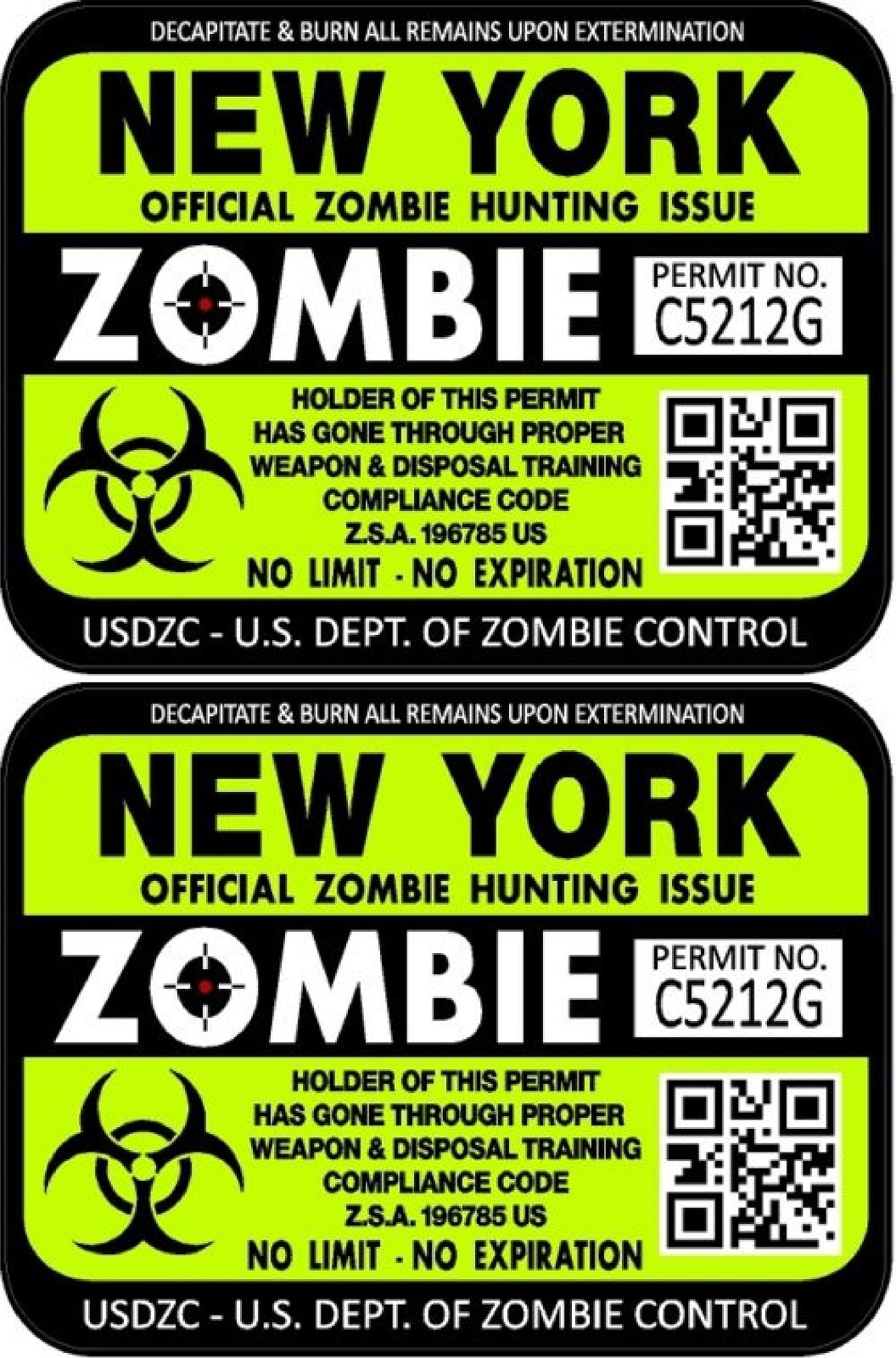 ProSticker 1242 (Two) 3″x 4″ New York Zombie Hunting License Decals Stickers