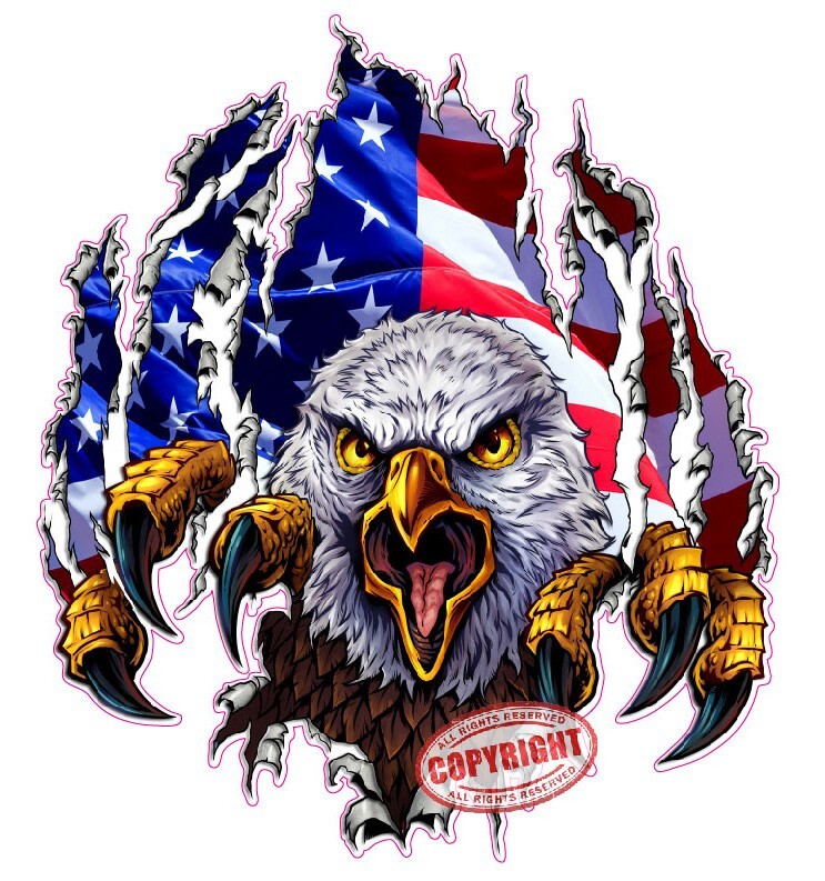 Eagle ripping through American flag background decal sticker 36″