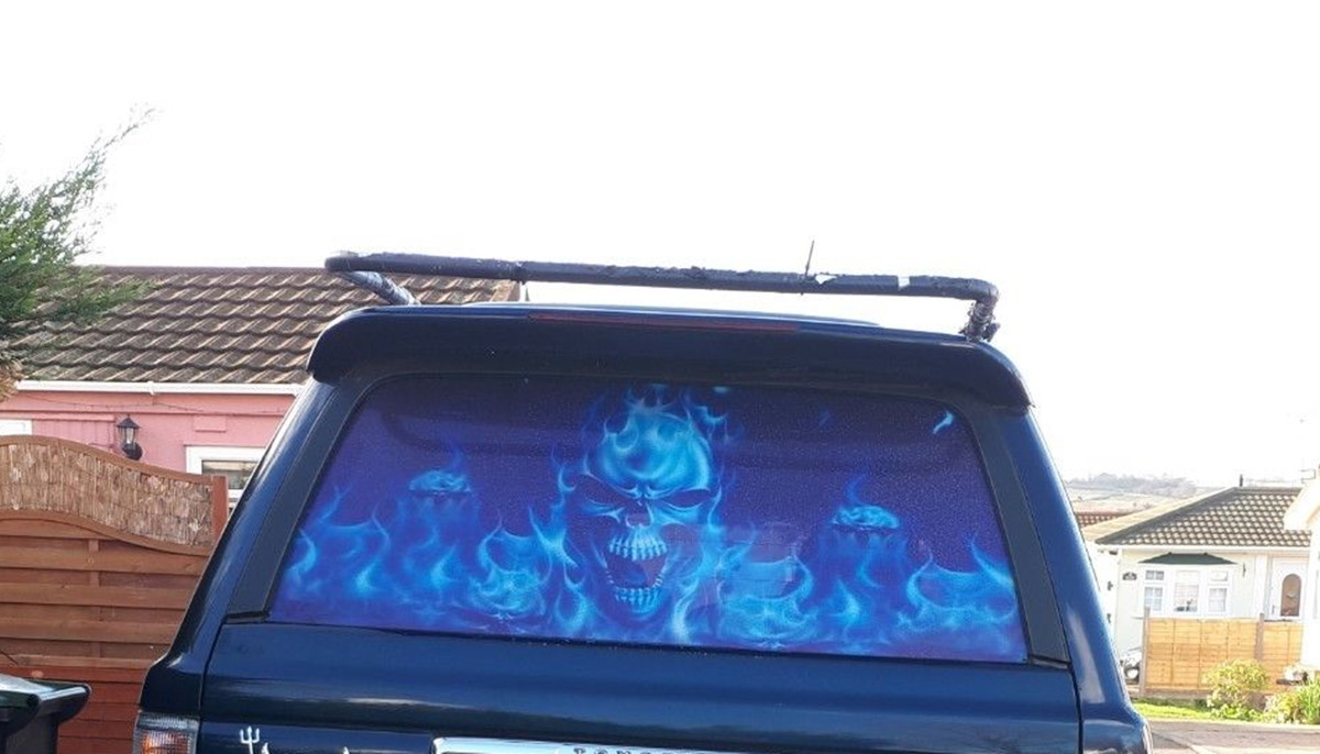 147X46cm Car Sticker Flaming Skull Rear Window Tint Graphic Decal Wrap Back