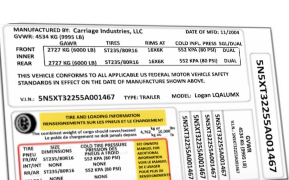 Big Trailer ID Vin# Label RV Tire Pressure Decal 3M Professional High Tack Vinyl