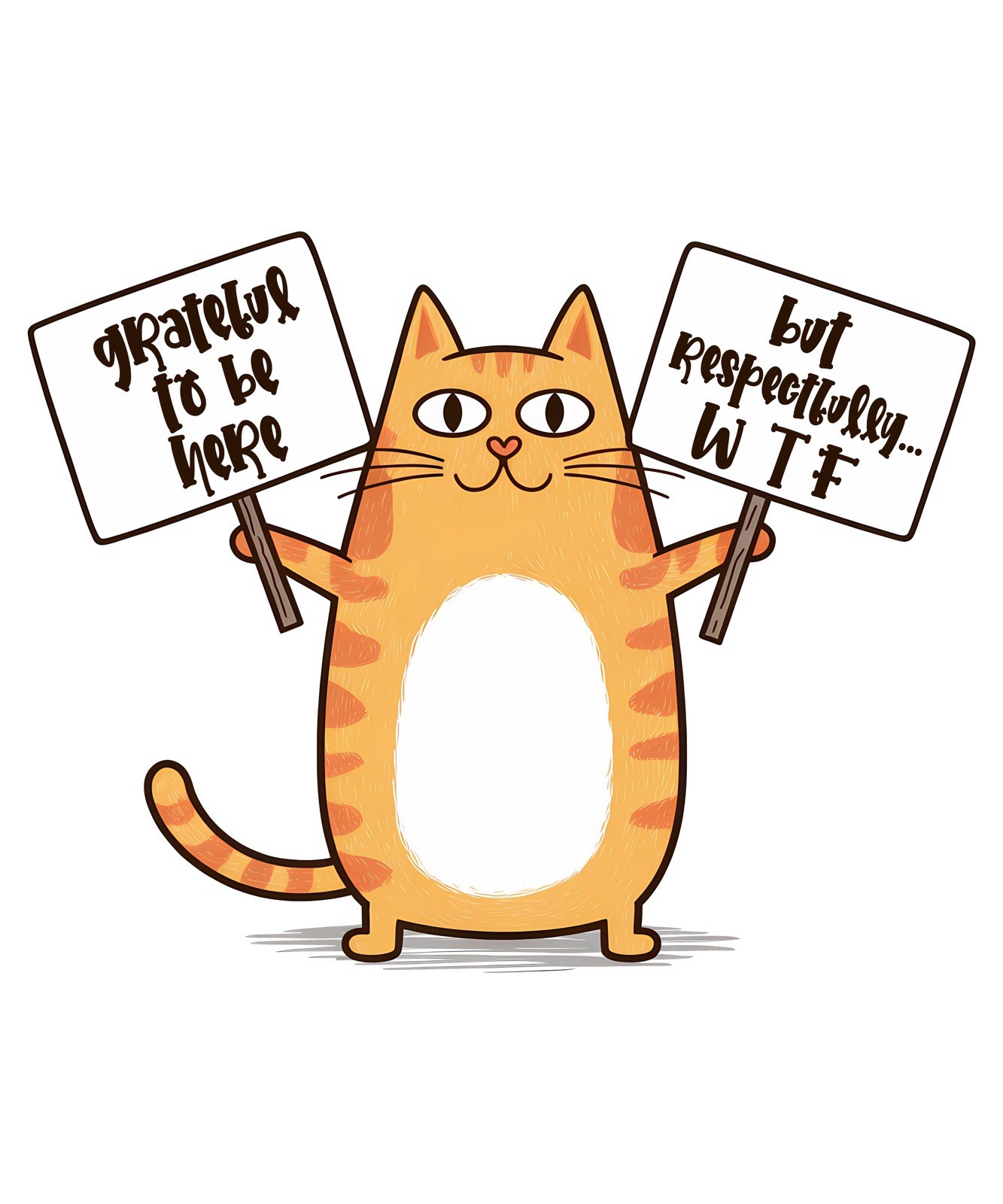Funny Animal Quotes Sticker (3 Inch) Cat Holding Signs Grateful to Be Here WTF !