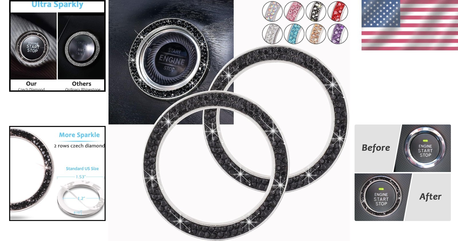 Bling Rhinestone Car Emblem Set – Crystal Ring Sticker for Key Ignition