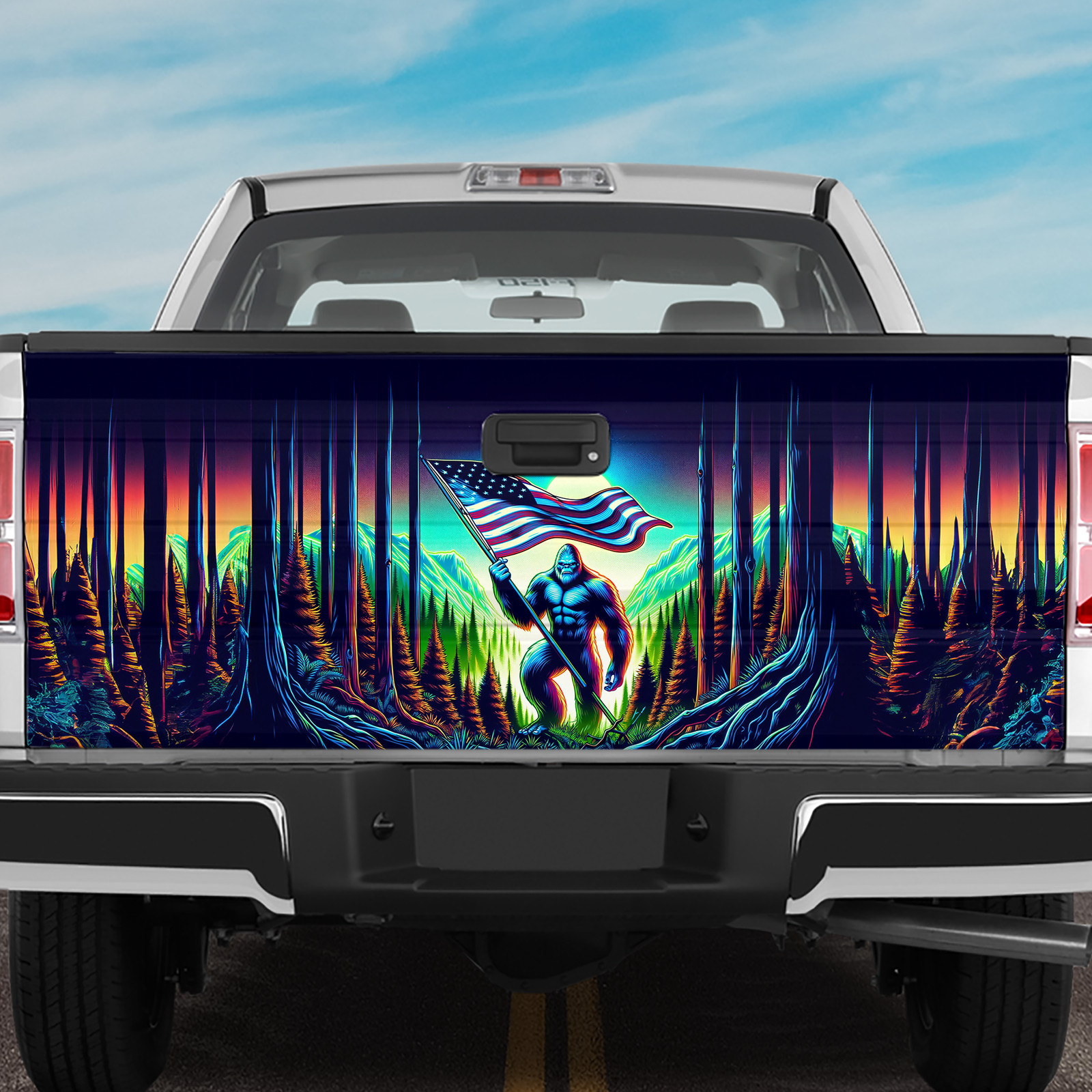 Bigfoot Camping Mountain Tailgate Wrap, Bigfoot Tailgate Decal Sticker Wrap