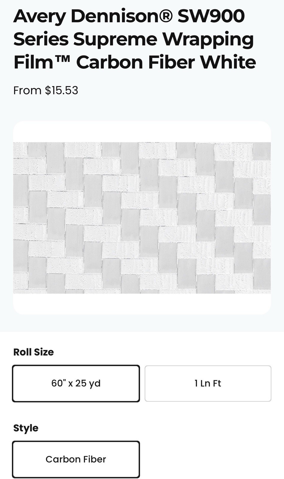 Avery Dennison SW900 Supreme White Carbon Fiber Vinyl Car Wrap Film 115-X 60×25