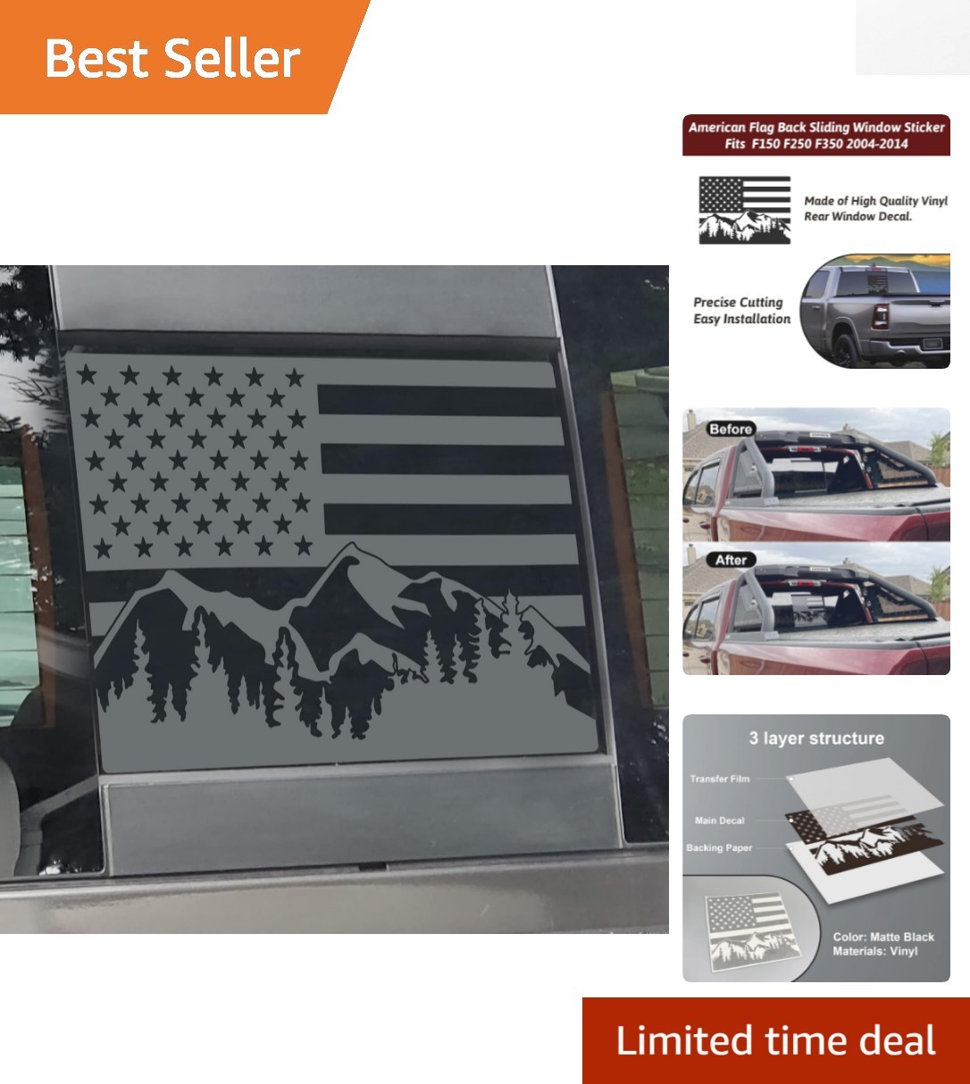 Single-Use American Flag Window Sticker for F150 F250 F350 Models (2004-2014)