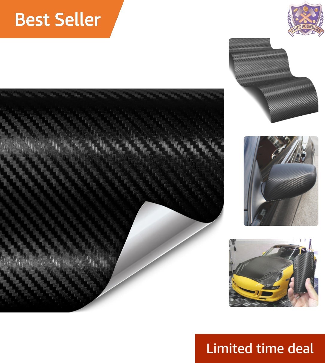 Black Carbon Fiber Car Wrap Vinyl Roll 2.75ft x 5ft Air Release Technology