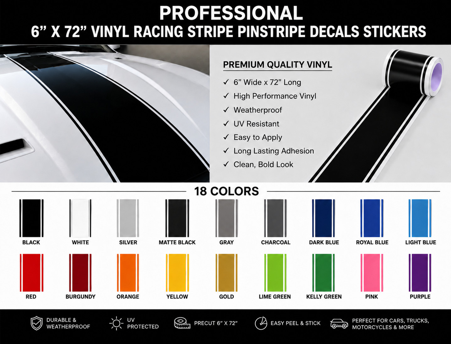 Oracal 631 or 651, High-Performance Vinyl Racing Stripe Decal 6″ X 72″