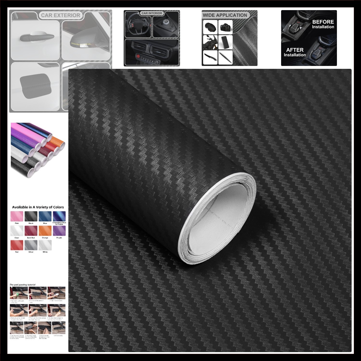 3D Black Carbon Fiber Vinyl Wrap with Air Release Technology, Matte Black Wra…